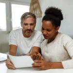 couple reviewing paper while using laptop at table